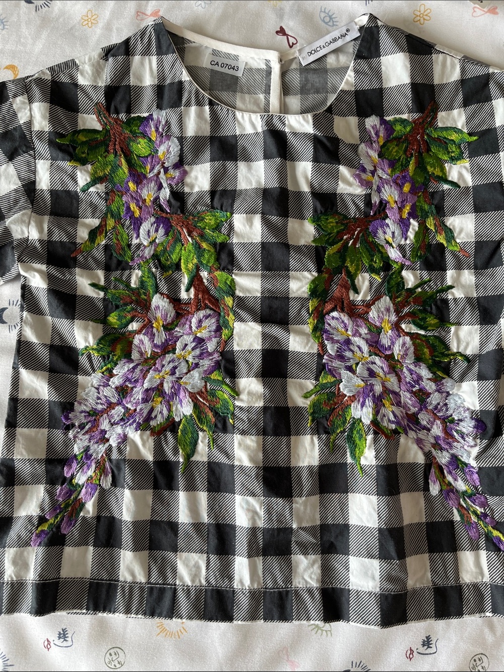 Dolce & Gabbana Black and White Gingham Top with Purple Floral Embroidery